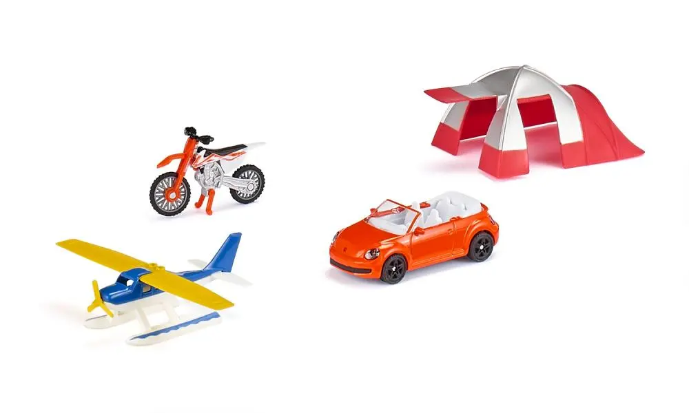 Набор: Машина, мотоцикл, водный самолет, палатка - фото