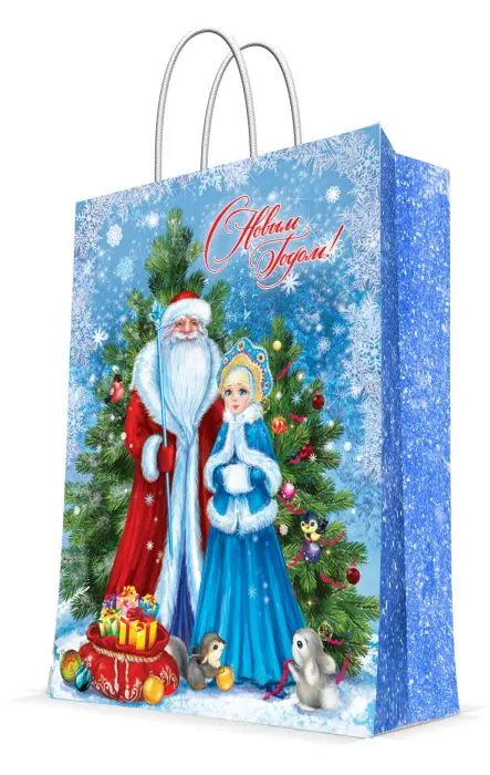 Бумажный пакет "Дед Мороз и Снегурка" 40,6x48,9x19 см - фото