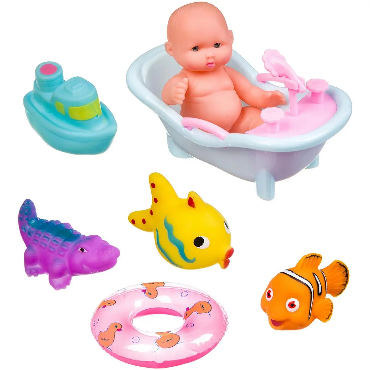 Набор игрушек для купания Пупс, ванночка, круг, рыбки, крокодил, катер - фото