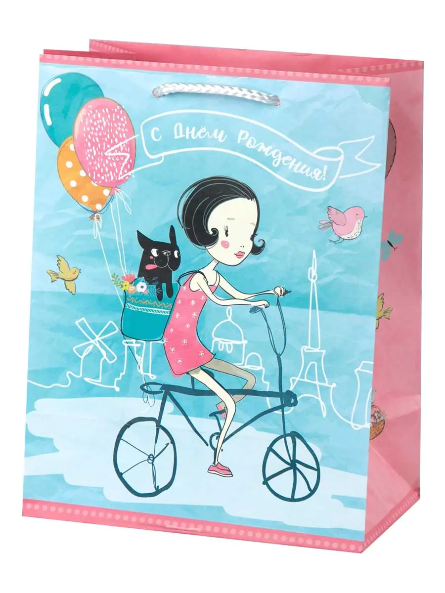 Бумажный пакет "Девочка на велосипеде" 17,8x22,9x9,8 см