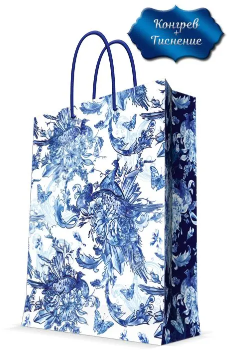 Бумажный пакет Голубые цветы 17,8x22,9x9,8 см - фото